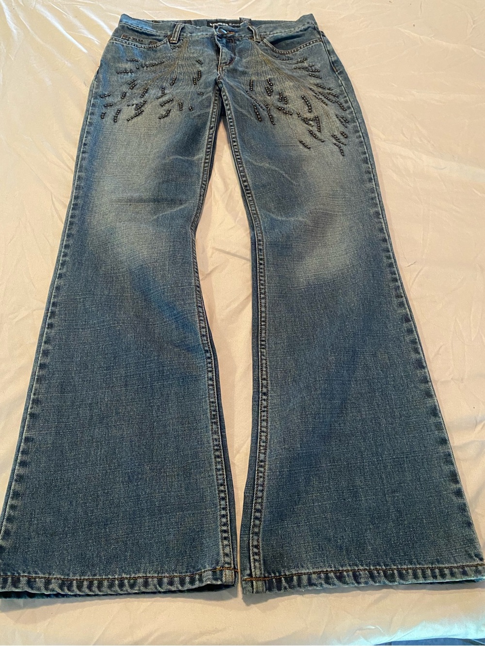 VTG Express Jeans 100% Cotton Studded Sunburst Low Rise Flare Leg 7/8 Y2K